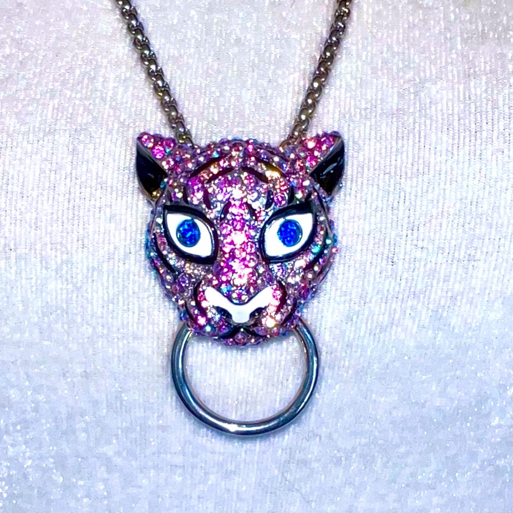 Betsey Johnson Pave Crystal Snow Leopard Lavender Door Knocker Necklace